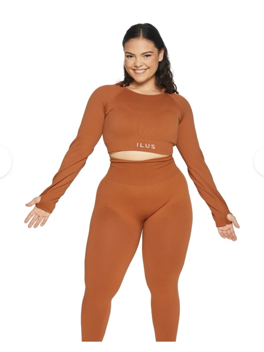 Ilus Label Brown Seamless Long Sleeve Crop Top High Waist Leggings Activewear SM